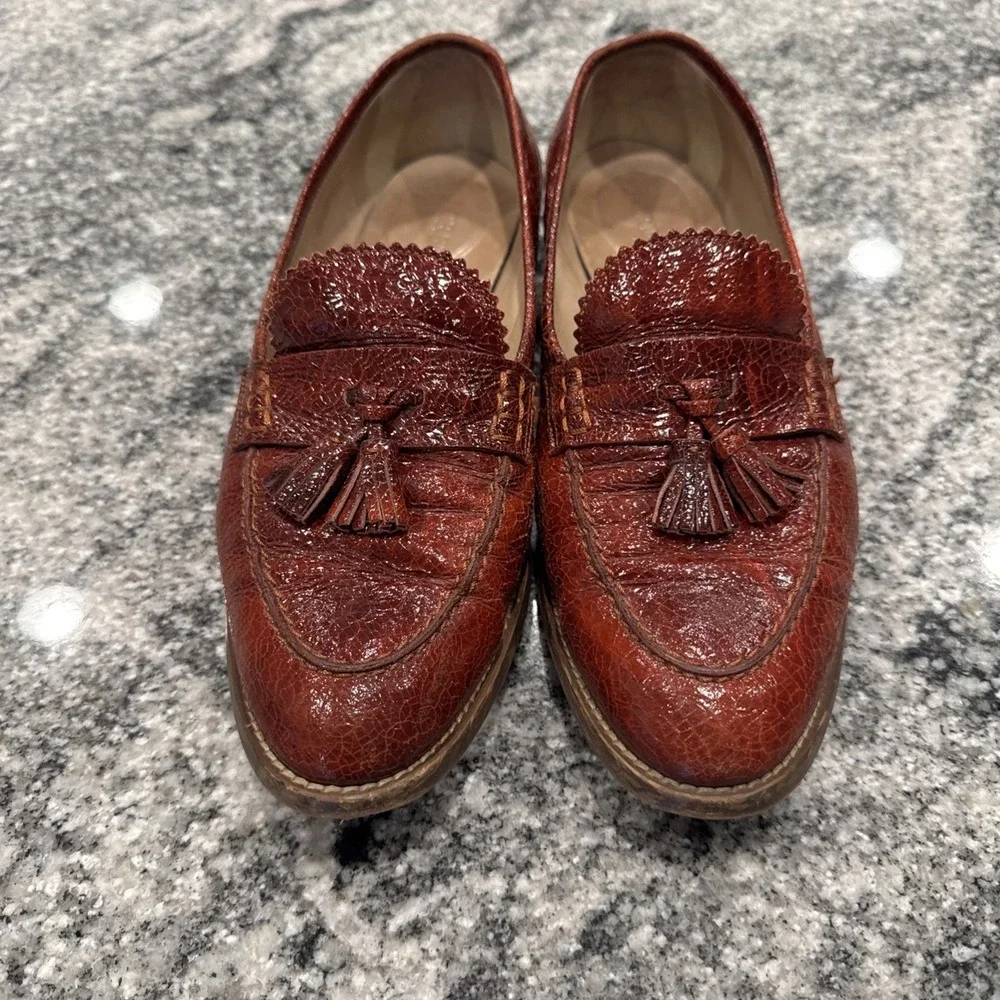 J.CREW BIELLA CRACLED LEATHER LOAFERS E0843‎ SIZE 9.5 WARM SEPIA ITALY